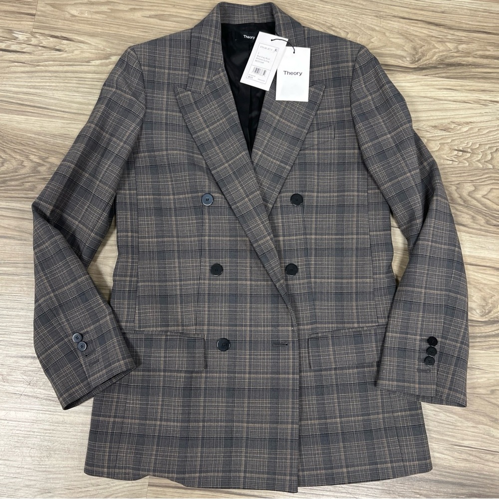 Theory Double Breasted Jacket Blue Grey Multi Windowpane Size 2 M075104R $525